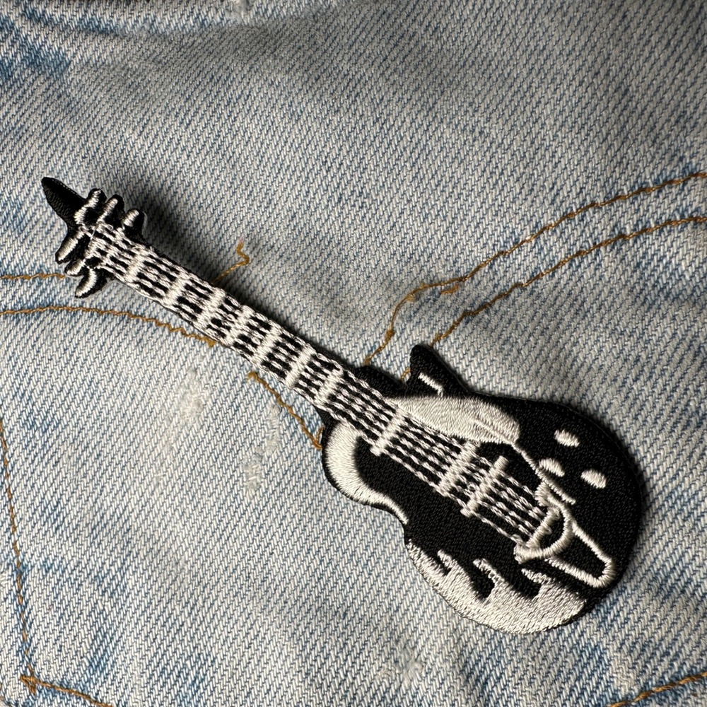 Electric Guitar‎ Patch Embroidered Iron On Patch Black White Music Rockabilly